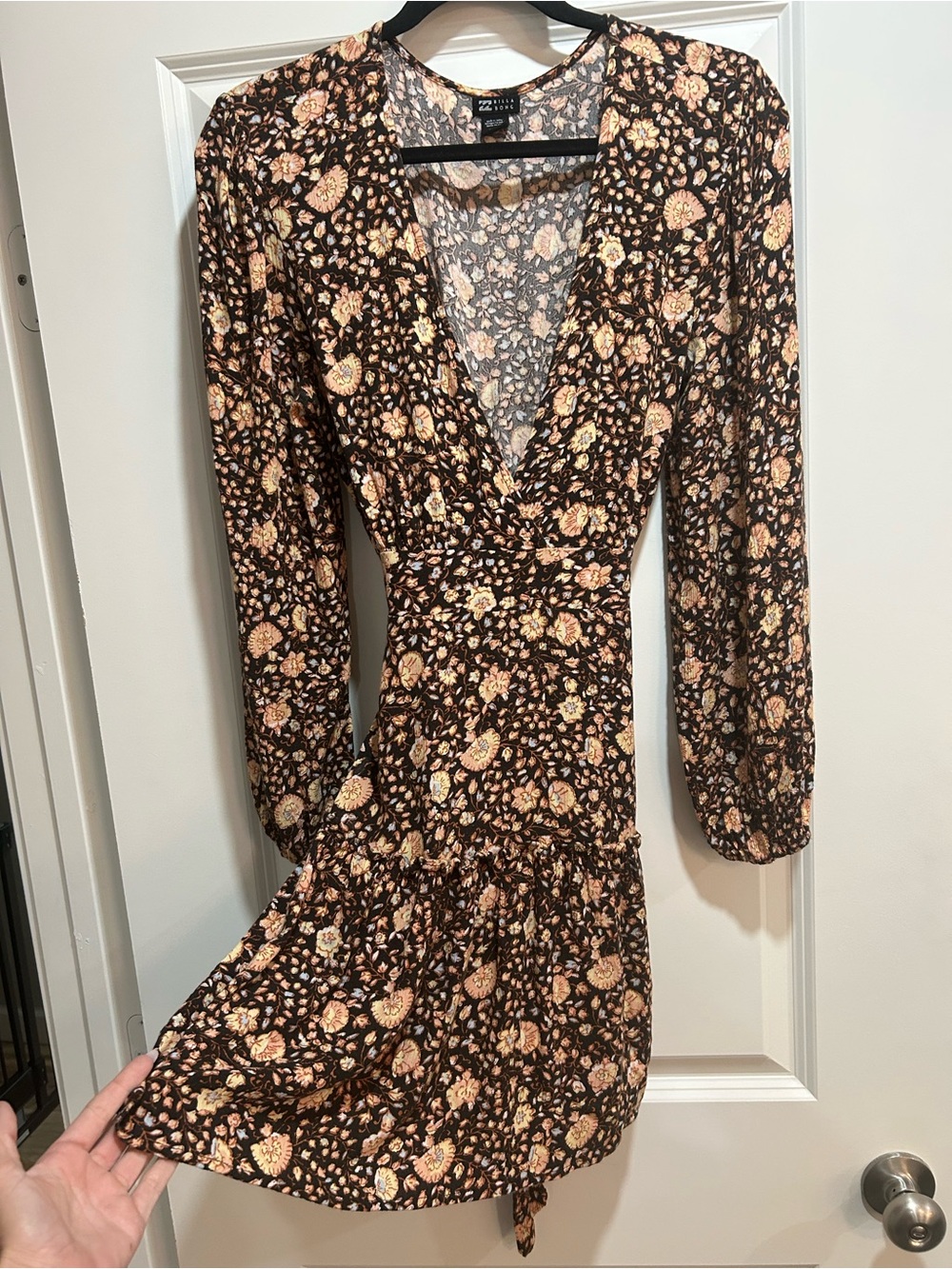 Billabong Brown Floral V-Neck Long Sleeve Mini Dress with Peach Accents